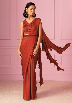 Orange Pre-Stitched Saree Set With Floral Hand Embroidered Blouse And Embroidered Belt