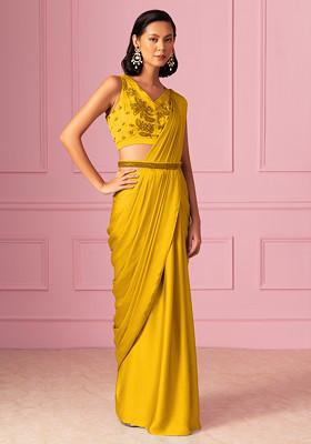 Yellow Pre-Stitched Saree Set With Floral Hand Embroidered Blouse And Embroidered Belt
