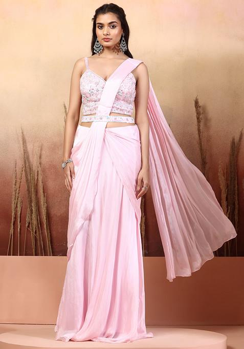 Pastel Pink Pre-Stitched Saree Set With Sequin Hand Embellished Blouse And Belt