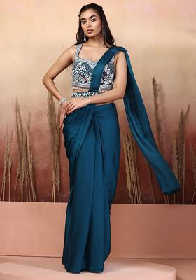 Turquoise Green Satin Pre-Stitched Saree Set With Floral Embellished Blouse And Belt