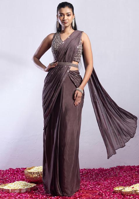 Brown Embellished Pre-Stitched Saree Set With Cutdana Embellished Blouse And Belt