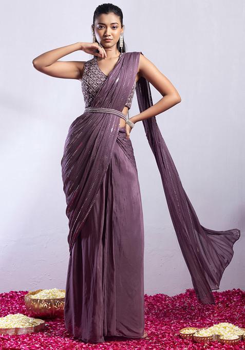 Dusty Pink Embellished Pre-Stitched Saree Set With Cutdana Embellished Blouse And Belt