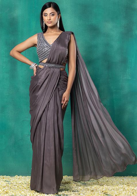 Grey Pre-Stitched Saree Set With Embellished Blouse And Embellished Belt