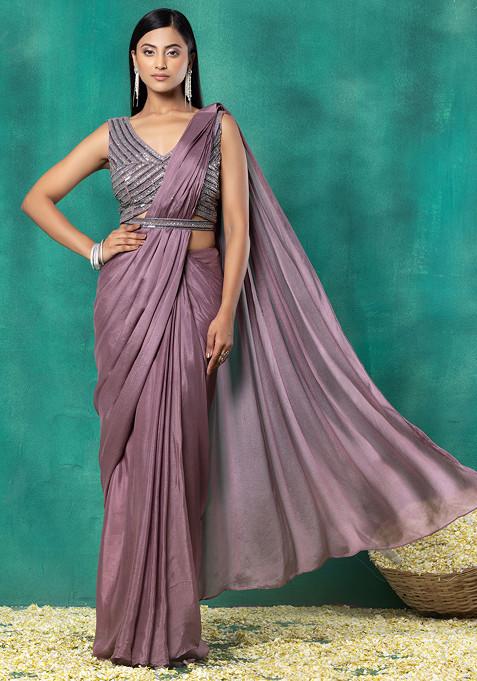 Dusty Pink Pre-Stitched Saree Set With Sequin Embellished Blouse And Embellished Belt