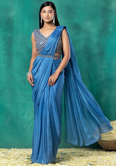 Blue Pre-Stitched Saree Set With Sequin Embellished Blouse And Embellished Belt