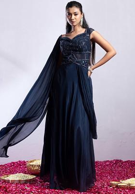 Teal Blue Sequin Bead Hand Embellished Draped Gown