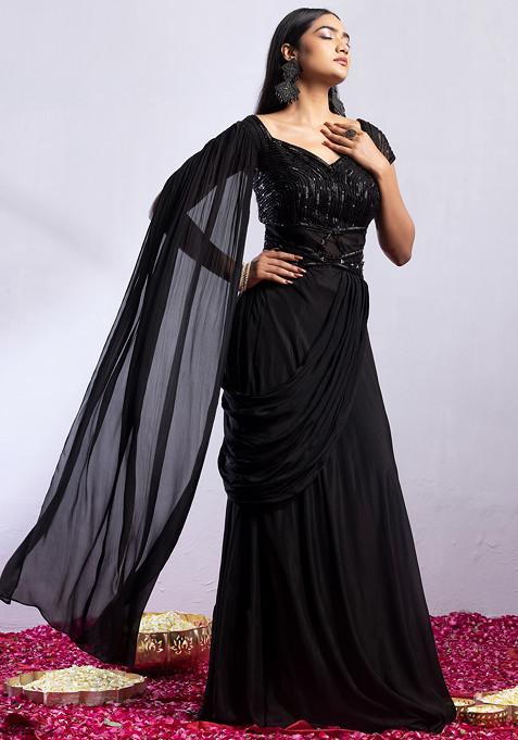 Black Sequin Bead Hand Embellished Draped Gown