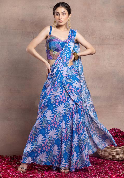 Blue Floral Print Pre-Stitched Saree Set With Sequin Bead Embellished Blouse