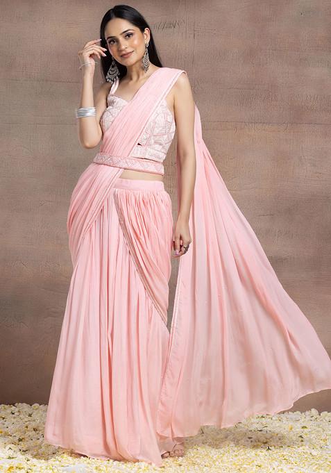 Pastel Pink Pre-Stitched Saree Set With Sequin Bead Embellished Blouse And Belt