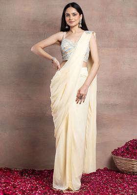 Light Yellow Pre-Stitched Saree Set With Multicolour Sequin Embellished Blouse