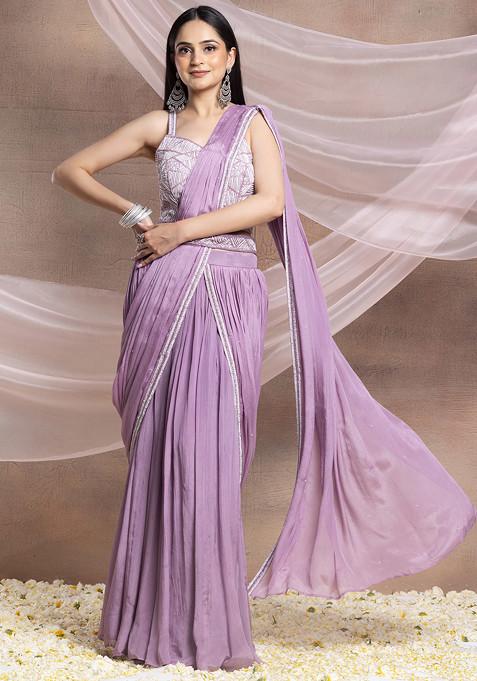 Lavender Pre-Stitched Saree Set With Sequin Bead Embellished Blouse And Belt