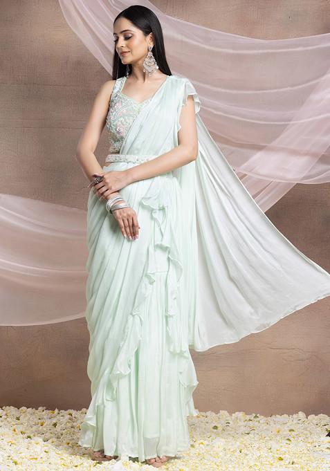 Seafoam Pre-Stitched Saree Set With Sequin Pearl Embellished Blouse And Belt