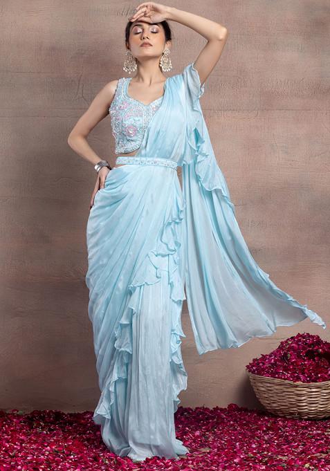 Sky Blue Pre-Stitched Saree Set With Sequin Pearl Embellished Blouse And Belt