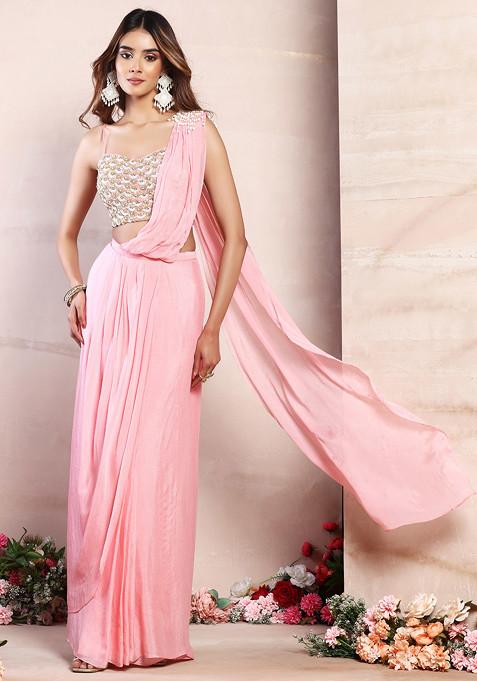 Pastel Pink Pre-Stitched Saree Set With Sequin Pearl Hand Embroidered Blouse