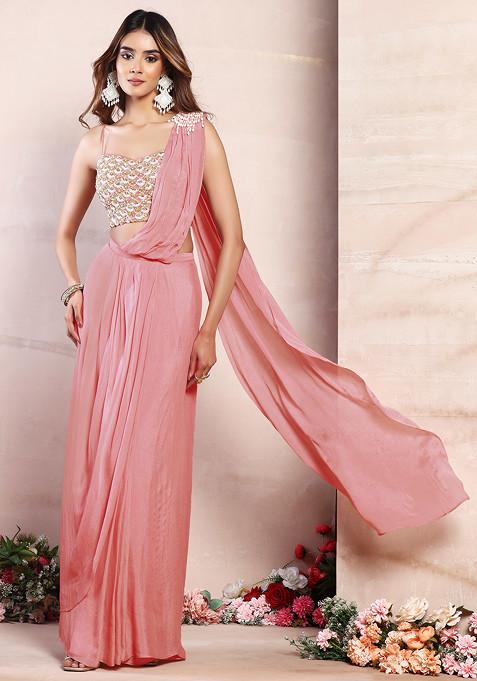 Blush Pink Pre-Stitched Saree Set With Sequin Pearl Hand Embroidered Blouse