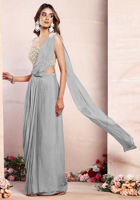 Grey Pre-Stitched Saree Set With Sequin Pearl Hand Embroidered Blouse