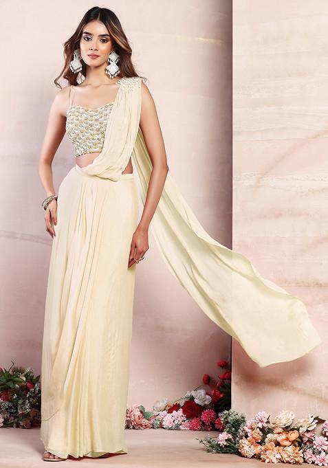 Ivory Pre-Stitched Saree Set With Sequin Pearl Hand Embroidered Blouse