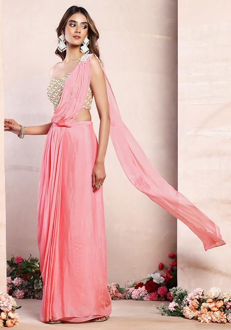 Pink Pre-Stitched Saree Set With Sequin Pearl Hand Embroidered Blouse