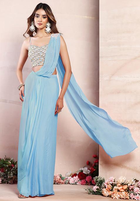 Sky Blue Pre-Stitched Saree Set With Sequin Pearl Hand Embroidered Blouse