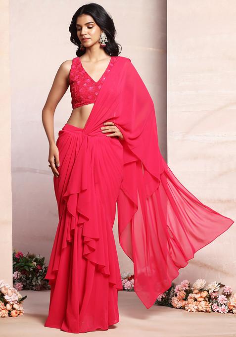 Fuchsia Pink Ruffled Pre-Stitched Saree Set With Thread Hand Embroidered Blouse