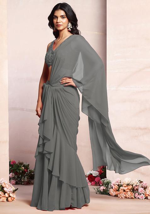 Grey Ruffled Pre-Stitched Saree Set With Thread Hand Embroidered Blouse