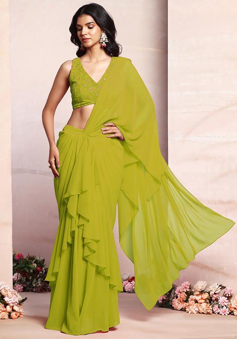Light Olive Ruffled Pre-Stitched Saree Set With Thread Hand Embroidered Blouse