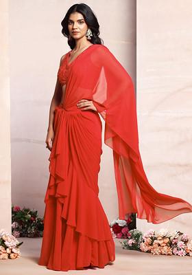 Orange Ruffled Pre-Stitched Saree Set With Thread Hand Embroidered Blouse
