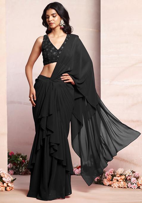 Black Ruffled Pre-Stitched Saree Set With Thread Hand Embroidered Blouse