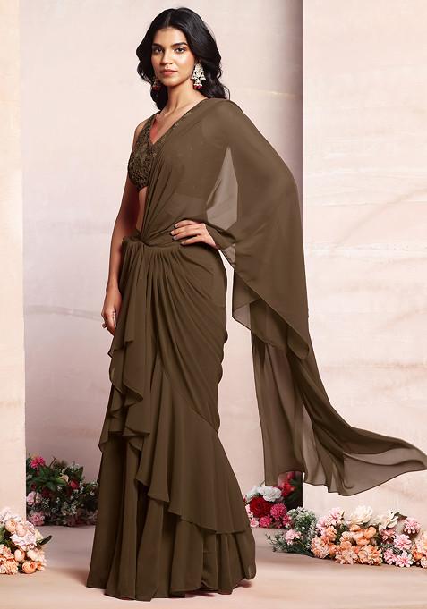 Copper Ruffled Pre-Stitched Saree Set With Thread Hand Embroidered Blouse