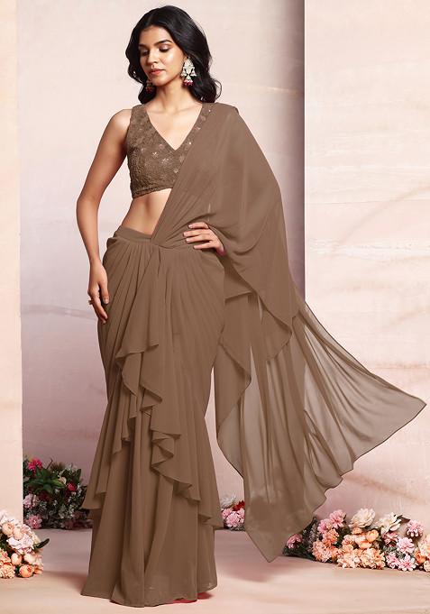 Light Brown Ruffled Pre-Stitched Saree Set With Thread Hand Embroidered Blouse