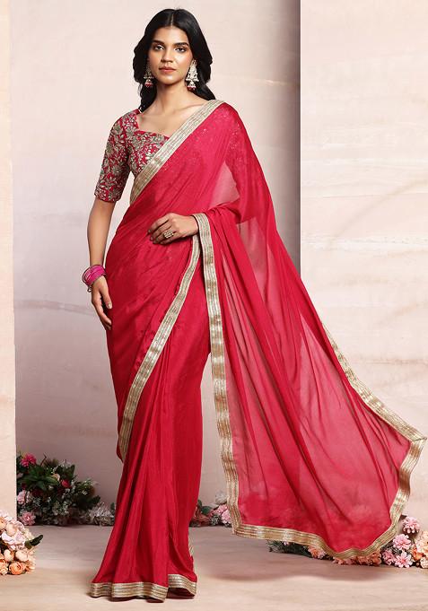 Magenta Pink Pre-Stitched Saree Set With Sequin Zari Hand Embroidered Blouse