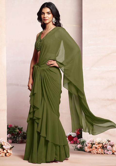 Olive Ruffled Pre-Stitched Saree Set With Thread Hand Embroidered Blouse