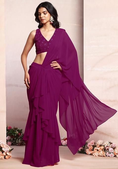 Wine Ruffled Pre-Stitched Saree Set With Thread Hand Embroidered Blouse