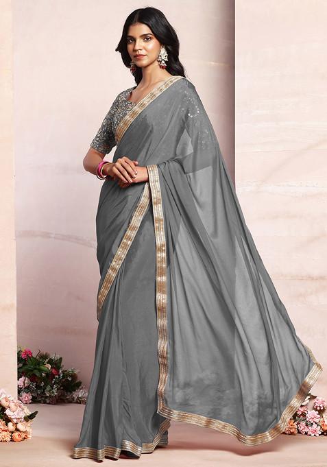 Grey Pre-Stitched Saree Set With Sequin Zari Hand Embroidered Blouse