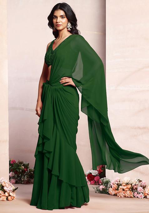 Emerald Green Ruffled Pre-Stitched Saree Set With Thread Hand Embroidered Blouse