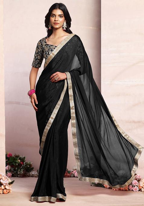 Black Pre-Stitched Saree Set With Sequin Zari Hand Embroidered Blouse
