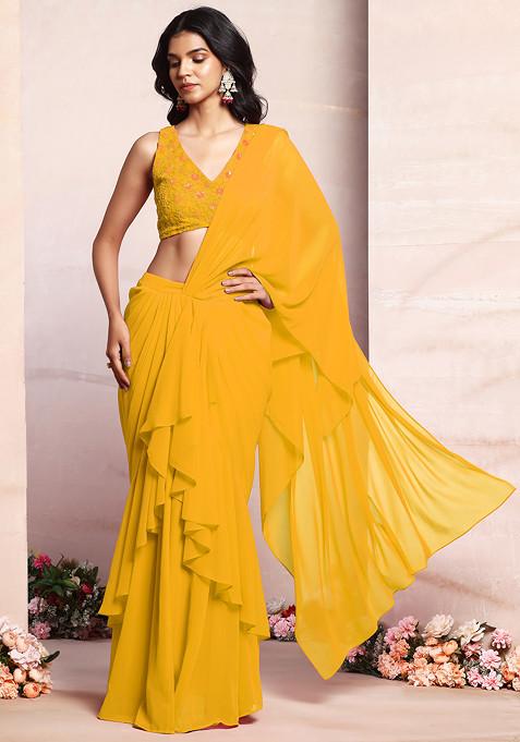 Mustard Ruffled Pre-Stitched Saree Set With Thread Hand Embroidered Blouse
