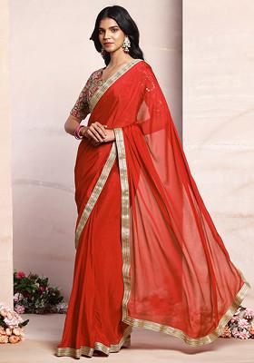 Orange Pre-Stitched Saree Set With Sequin Zari Hand Embroidered Blouse