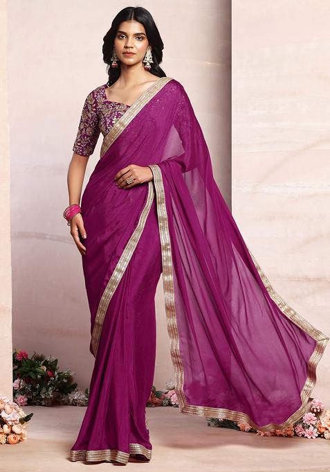 Wine Pre-Stitched Saree Set With Sequin Zari Hand Embroidered Blouse
