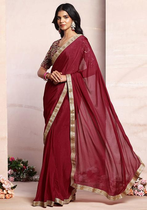 Crimson Red Pre-Stitched Saree Set With Sequin Zari Hand Embroidered Blouse