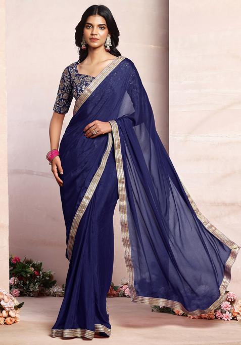 Navy Blue Pre-Stitched Saree Set With Sequin Zari Hand Embroidered Blouse