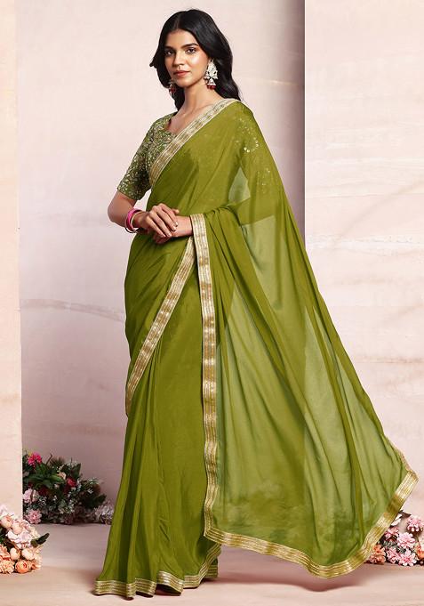 Light Olive Pre-Stitched Saree Set With Sequin Zari Hand Embroidered Blouse