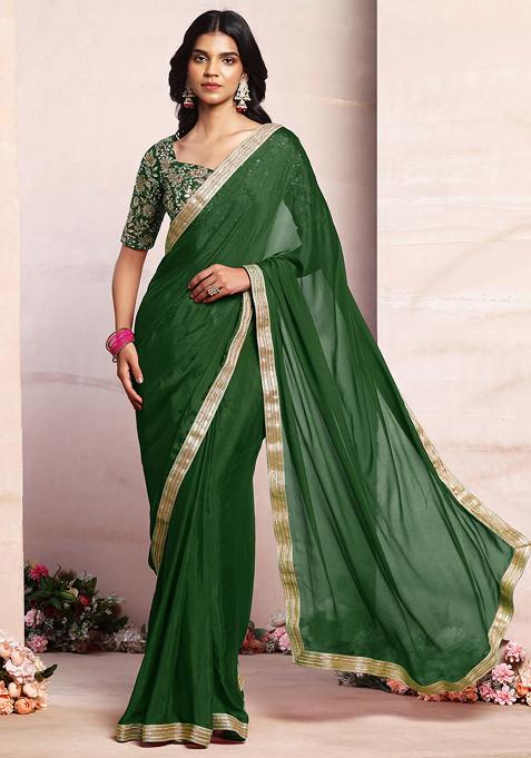 Emerald Green Pre-Stitched Saree Set With Sequin Zari Hand Embroidered Blouse