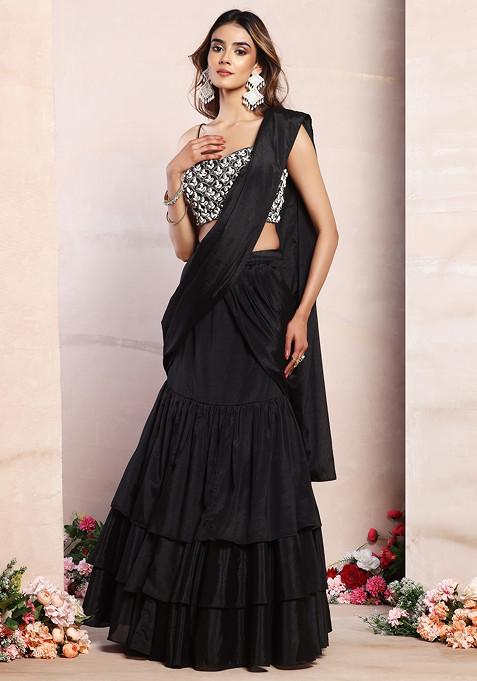 Black Ruffled Pre-Stitched Saree Set With Pearl And Shell Hand Embroidered Blouse