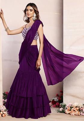 Purple Ruffled Pre-Stitched Saree Set With Pearl And Shell Hand Embroidered Blouse