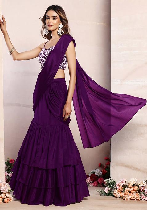 Purple Ruffled Pre-Stitched Saree Set With Pearl And Shell Hand Embroidered Blouse
