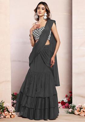 Charcoal Black Ruffled Pre-Stitched Saree Set With Pearl And Shell Hand Embroidered Blouse