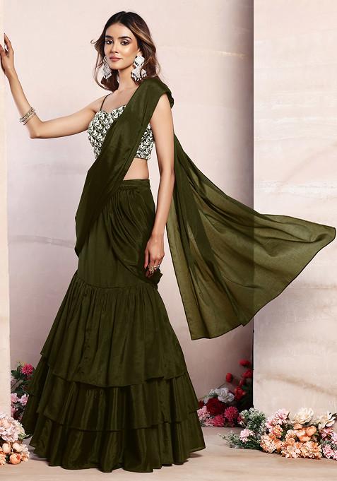 Olive Green Ruffled Pre-Stitched Saree Set With Pearl And Shell Hand Embroidered Blouse