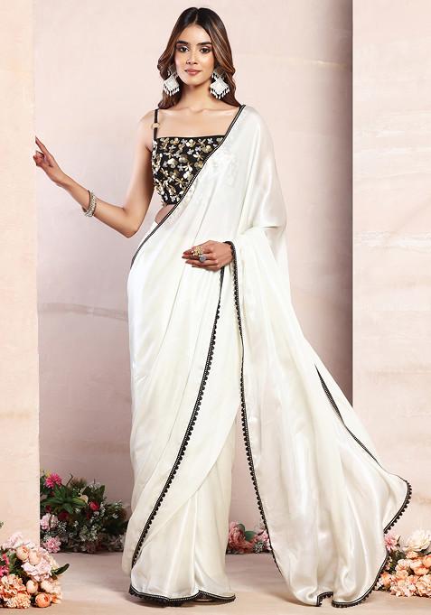Ivory Satin Pre-Stitched Saree Set With Black Sequin Hand Embroidered Blouse