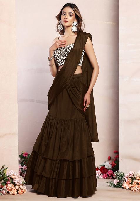 Copper Ruffled Pre-Stitched Saree Set With Pearl And Shell Hand Embroidered Blouse